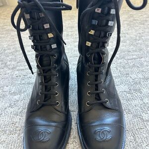 CHANEL Black Leather Lace-Up Boots